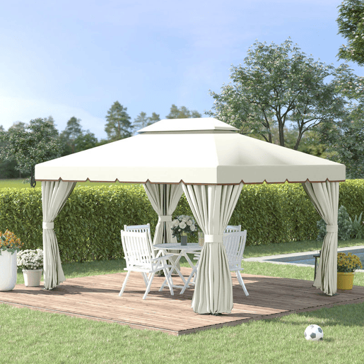 Outsunny Gazebo de Jardim 4x3 m, Pavilhão de Jardim com Teto Duplo, 4 Cortinas e Mosquiteiro, Estrutura em Alumínio, Orifícios de Drenagem, UPF50+, Tenda para Exterior, Terraço, Pátio, Creme