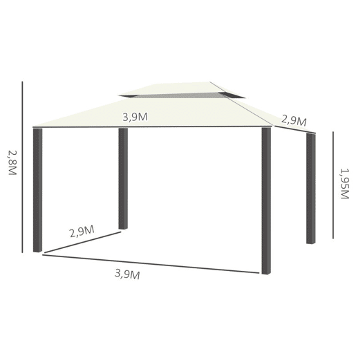 Outsunny Gazebo de Jardim 4x3 m, Pavilhão de Jardim com Teto Duplo, 4 Cortinas e Mosquiteiro, Estrutura em Alumínio, Orifícios de Drenagem, UPF50+, Tenda para Exterior, Terraço, Pátio, Creme