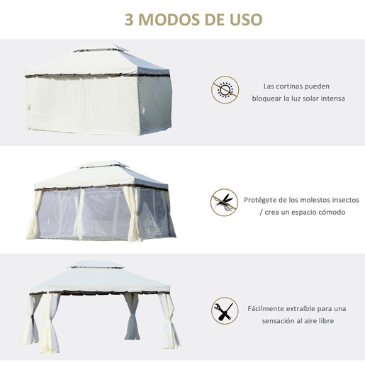 Outsunny Gazebo de Jardim 4x3 m, Pavilhão de Jardim com Teto Duplo, 4 Cortinas e Mosquiteiro, Estrutura em Alumínio, Orifícios de Drenagem, UPF50+, Tenda para Exterior, Terraço, Pátio, Creme