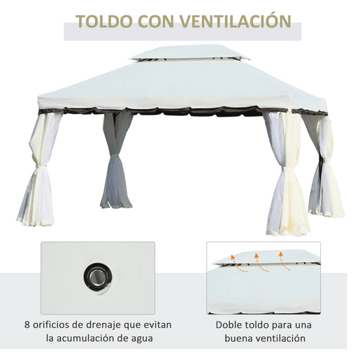 Outsunny Gazebo de Jardim 4x3 m, Pavilhão de Jardim com Teto Duplo, 4 Cortinas e Mosquiteiro, Estrutura em Alumínio, Orifícios de Drenagem, UPF50+, Tenda para Exterior, Terraço, Pátio, Creme