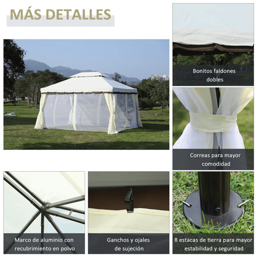 Outsunny Gazebo de Jardim 4x3 m, Pavilhão de Jardim com Teto Duplo, 4 Cortinas e Mosquiteiro, Estrutura em Alumínio, Orifícios de Drenagem, UPF50+, Tenda para Exterior, Terraço, Pátio, Creme