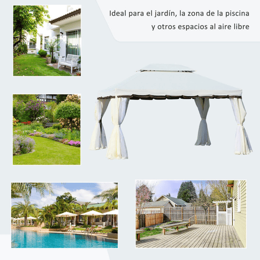 Outsunny Gazebo de Jardim 4x3 m, Pavilhão de Jardim com Teto Duplo, 4 Cortinas e Mosquiteiro, Estrutura em Alumínio, Orifícios de Drenagem, UPF50+, Tenda para Exterior, Terraço, Pátio, Creme