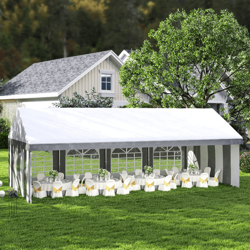Outsunny Tenda para Festa 4x8 m Tenda de Jardim com Paredes Laterais Removíveis Portas e Janelas, Impermeável Anti-UV Tenda para Casamentos Eventos e Exterior Cinzento e Branco