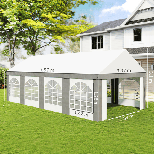 Outsunny Tenda para Festa 4x8 m Tenda de Jardim com Paredes Laterais Removíveis Portas e Janelas, Impermeável Anti-UV Tenda para Casamentos Eventos e Exterior Cinzento e Branco