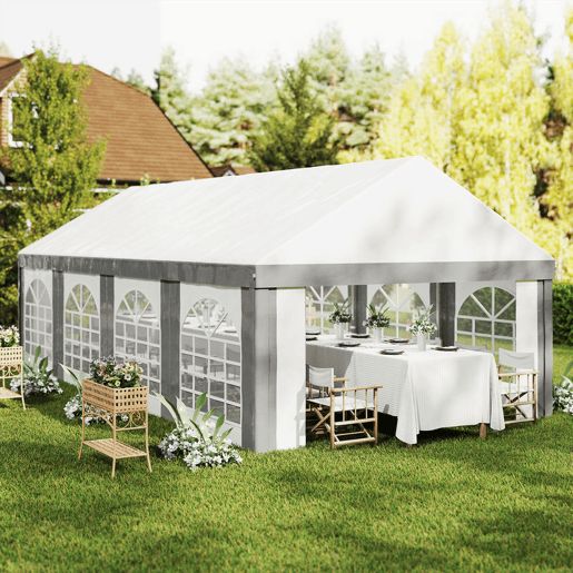Outsunny Tenda para Festa 4x8 m Tenda de Jardim com Paredes Laterais Removíveis Portas e Janelas, Impermeável Anti-UV Tenda para Casamentos Eventos e Exterior Cinzento e Branco