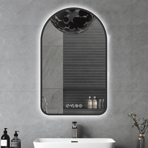 Espelho LED arqueado 70x120cm - Retroiluminado, Anti-embaciamento, Regulável, Ecrã horatemperatura - PretoPrateado