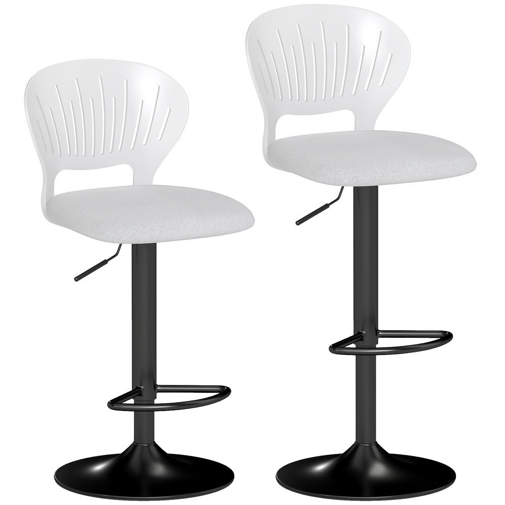 Homcom juego de 2 taburetes altos de cocina giratorios en 360°, taburetes de bar regulables en altura de 84-105 cm, respaldo hueco, reposapiés, para comedor, mostrador, blanco