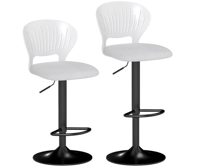 Homcom juego de 2 taburetes altos de cocina giratorios en 360°, taburetes de bar regulables en altura de 84-105 cm, respaldo hueco, reposapiés, para comedor, mostrador, blanco