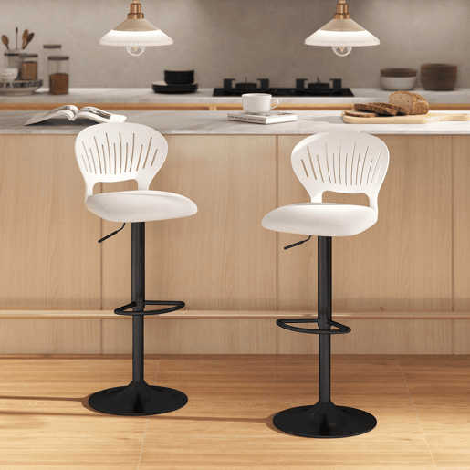 HOMCOM Conjunto de 2 Bancos Altos de Cozinha Giratórios a 360° Bancos de Bar Reguláveis em Altura de 84-105 cm Encosto Oco Apoio para os Pés para Sala de Jantar Balcão 40,5x43x84-105 cm Branco