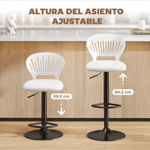 HOMCOM Conjunto de 2 Bancos Altos de Cozinha Giratórios a 360° Bancos de Bar Reguláveis em Altura de 84-105 cm Encosto Oco Apoio para os Pés para Sala de Jantar Balcão 40,5x43x84-105 cm Branco