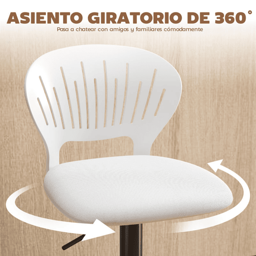 HOMCOM Conjunto de 2 Bancos Altos de Cozinha Giratórios a 360° Bancos de Bar Reguláveis em Altura de 84-105 cm Encosto Oco Apoio para os Pés para Sala de Jantar Balcão 40,5x43x84-105 cm Branco
