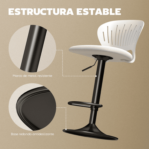 HOMCOM Conjunto de 2 Bancos Altos de Cozinha Giratórios a 360° Bancos de Bar Reguláveis em Altura de 84-105 cm Encosto Oco Apoio para os Pés para Sala de Jantar Balcão 40,5x43x84-105 cm Branco