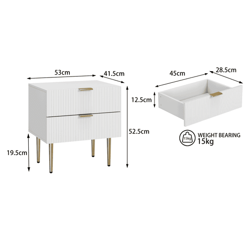 Mesa de cabeceira - design ondulado, 2 gavetas, pernas metálicas - branco