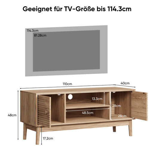 Móvel para TV 110 cm - Estilo Mid-Century, com arrumação, para TV 32-45 - Carvalho
