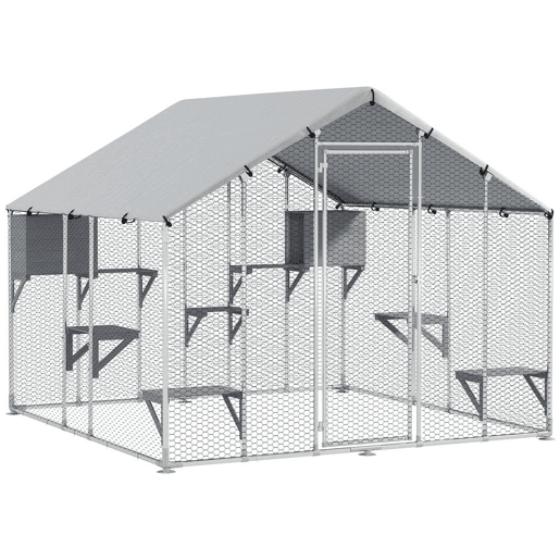 PawHut Gaiola Grande para Gatos Exterior Recinto para Gatos com 2 Casinhas 7 Plataformas para Saltar Cobertura Impermeável e Anti-UV Parque para 5 Gatos ou Coelhos 240x193x195 cm Prateado PawHut Gaiola Grande para Gatos Exterior Recinto para Gatos com 2 Casinhas 7 Plataformas para Saltar Cobertura Impermeável e Anti-UV Parque para 5 Gatos ou Coelhos 240x193x195 cm Prateado