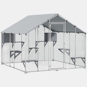 PawHut Gaiola Grande para Gatos Exterior Recinto para Gatos com 2 Casinhas 7 Plataformas para Saltar Cobertura Impermeável e Anti-UV Parque para 5 Gatos ou Coelhos 240x193x195 cm Prateado