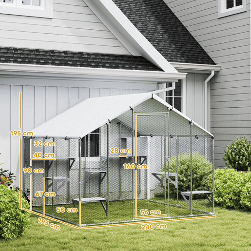 PawHut Gaiola Grande para Gatos Exterior Recinto para Gatos com 2 Casinhas 7 Plataformas para Saltar Cobertura Impermeável e Anti-UV Parque para 5 Gatos ou Coelhos 240x193x195 cm Prateado PawHut Gaiola Grande para Gatos Exterior Recinto para Gatos com 2 Casinhas 7 Plataformas para Saltar Cobertura Impermeável e Anti-UV Parque para 5 Gatos ou Coelhos 240x193x195 cm Prateado