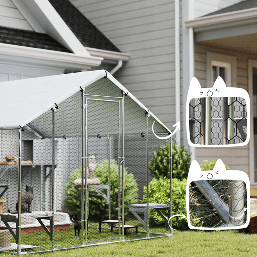 PawHut Gaiola Grande para Gatos Exterior Recinto para Gatos com 2 Casinhas 7 Plataformas para Saltar Cobertura Impermeável e Anti-UV Parque para 5 Gatos ou Coelhos 240x193x195 cm Prateado PawHut Gaiola Grande para Gatos Exterior Recinto para Gatos com 2 Casinhas 7 Plataformas para Saltar Cobertura Impermeável e Anti-UV Parque para 5 Gatos ou Coelhos 240x193x195 cm Prateado