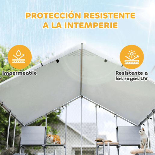 PawHut Gaiola Grande para Gatos Exterior Recinto para Gatos com 2 Casinhas 7 Plataformas para Saltar Cobertura Impermeável e Anti-UV Parque para 5 Gatos ou Coelhos 240x193x195 cm Prateado PawHut Gaiola Grande para Gatos Exterior Recinto para Gatos com 2 Casinhas 7 Plataformas para Saltar Cobertura Impermeável e Anti-UV Parque para 5 Gatos ou Coelhos 240x193x195 cm Prateado