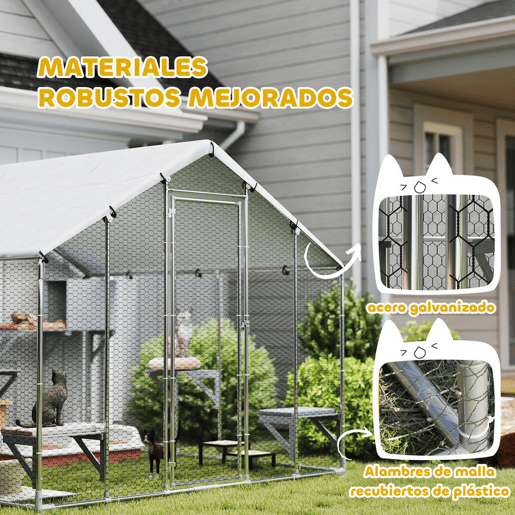 PawHut Gaiola Grande para Gatos Exterior Recinto para Gatos com 2 Casinhas 7 Plataformas para Saltar Cobertura Impermeável e Anti-UV Parque para 5 Gatos ou Coelhos 240x193x195 cm Prateado PawHut Gaiola Grande para Gatos Exterior Recinto para Gatos com 2 Casinhas 7 Plataformas para Saltar Cobertura Impermeável e Anti-UV Parque para 5 Gatos ou Coelhos 240x193x195 cm Prateado
