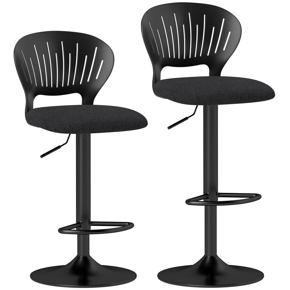 Homcom juego de 2 taburetes altos de cocina giratorios en 360°, taburetes de bar regulables en altura de 84-105 cm, respaldo hueco, reposapiés, para comedor, mostrador, negro