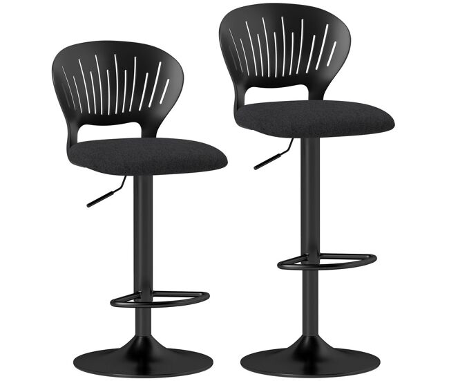 Homcom juego de 2 taburetes altos de cocina giratorios en 360°, taburetes de bar regulables en altura de 84-105 cm, respaldo hueco, reposapiés, para comedor, mostrador, negro
