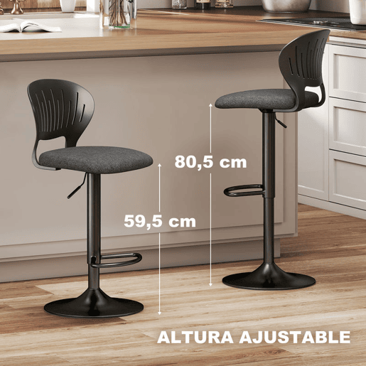 HOMCOM Conjunto de 2 Bancos Altos de Cozinha Giratórios a 360° Bancos de Bar Reguláveis em Altura de 84-105 cm Encosto Oco Apoio para os Pés para Sala de Jantar Balcão 40,5x43x84-105 cm Preto