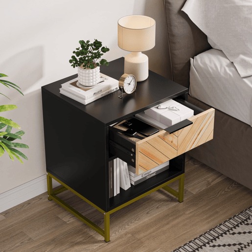 Mesa de cabeceira 43x40x55 cm - 1 gaveta e prateleira aberta - Preto e Natural