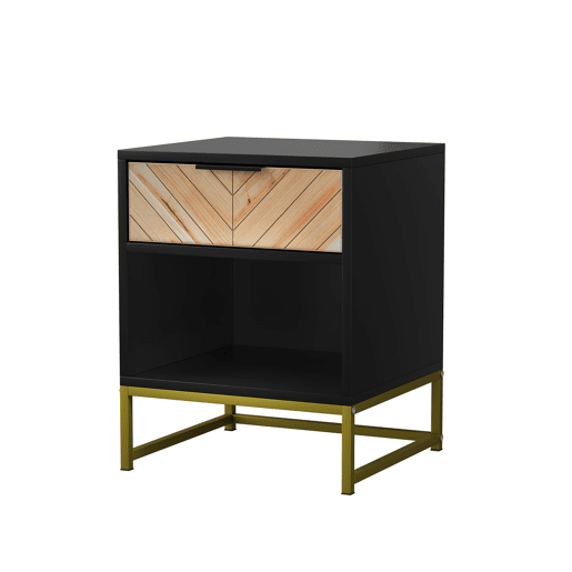 Mesa de cabeceira 43x40x55 cm - 1 gaveta e prateleira aberta - Preto e Natural