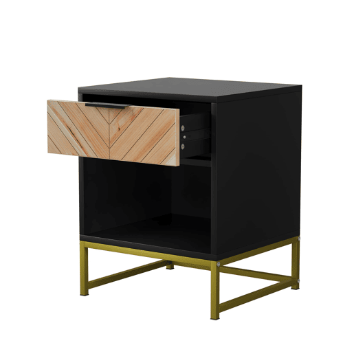 Mesa de cabeceira 43x40x55 cm - 1 gaveta e prateleira aberta - Preto e Natural