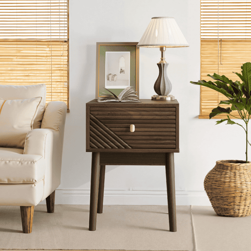 Mesa de cabeceira 40x40x55 cm - 2 unidades, design Mid-Century, puxadores metálicos - Nogueira
