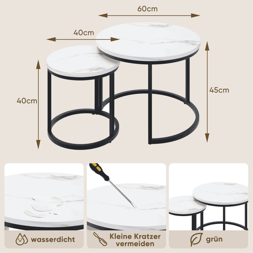 Mesa de centro 2 peças 60 cm - redonda, metálica, moderna, encaixável - branca