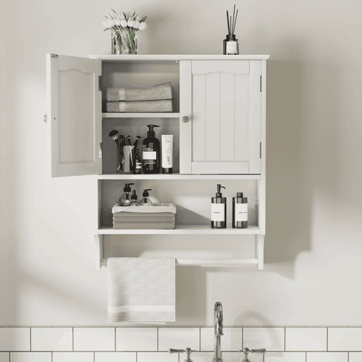 Armário de casa de banho com 2 prateleiras - com toalheiro de parede, ajustável, para cozinha e casa de banho - Branco