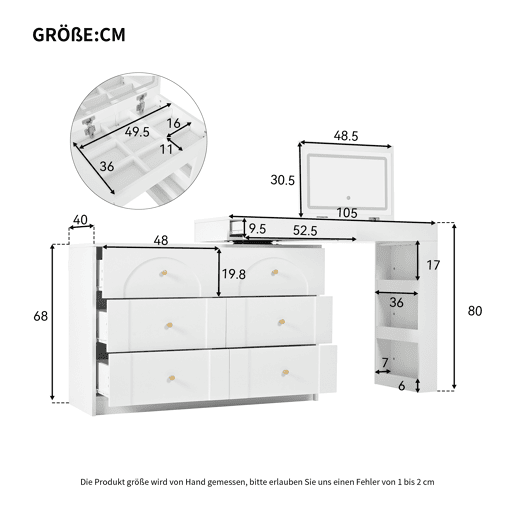 Penteadeira giratória 105×40×80 cm - com iluminação LED e mesa multifuncional - branca