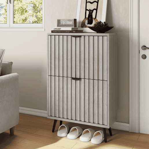 Sapateira oculta 60 cm - 2 gavetas rebatíveis, design ranhurado, para entrada e sala - Cinza