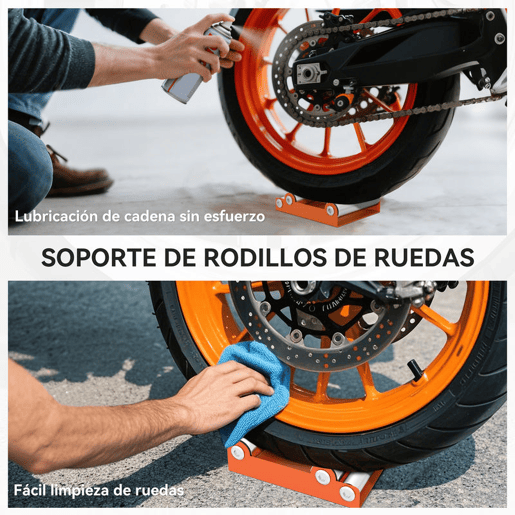 HOMCOM Suporte de Rolos para Moto Suporte para Limpeza de Rodas para Limpeza de Pneus e Lubrificação de Correntes para Motos < 220 kg e Largura de Pneus <180 mm Laranja