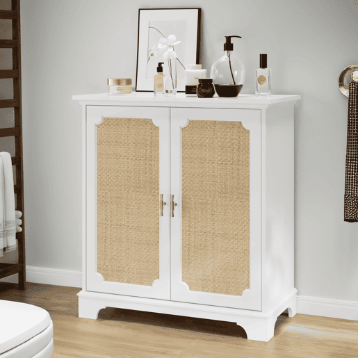 Aparador 120 cm - Portas com decoração em rattan, aparador e móvel de entrada - Branco