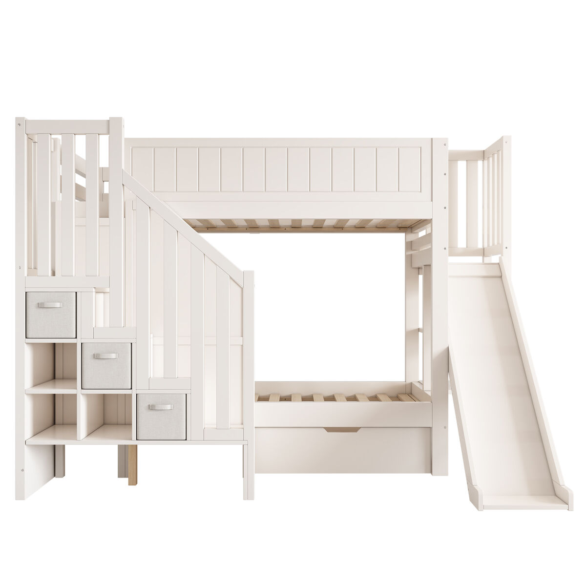 Litera infantil 90x200 - con tobogán y almacenaje - blanca