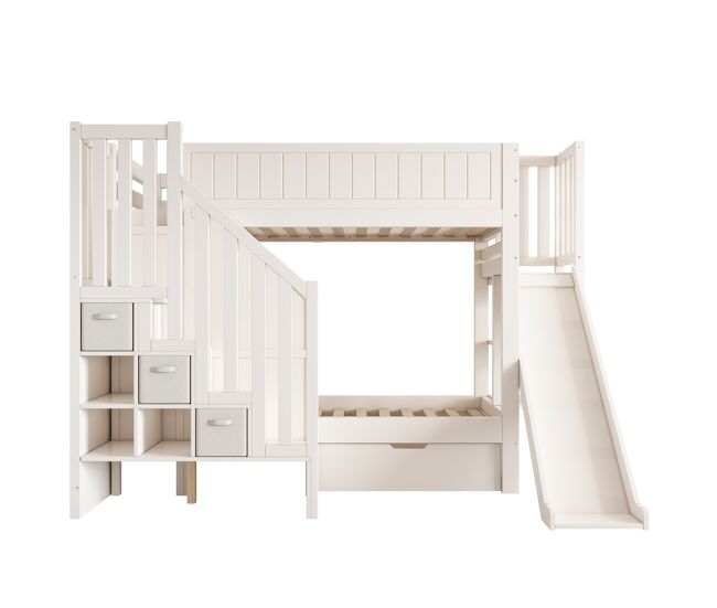 Litera infantil 90x200 - con tobogán y almacenaje - blanca