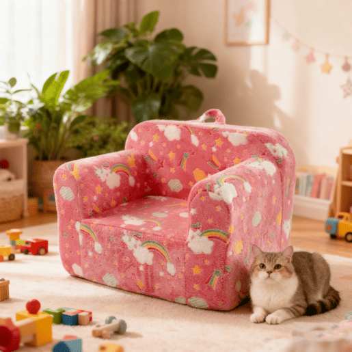 Sofá infantil pequeno - com alças e bolsos laterais, cadeira de espuma, rosa arco-íris