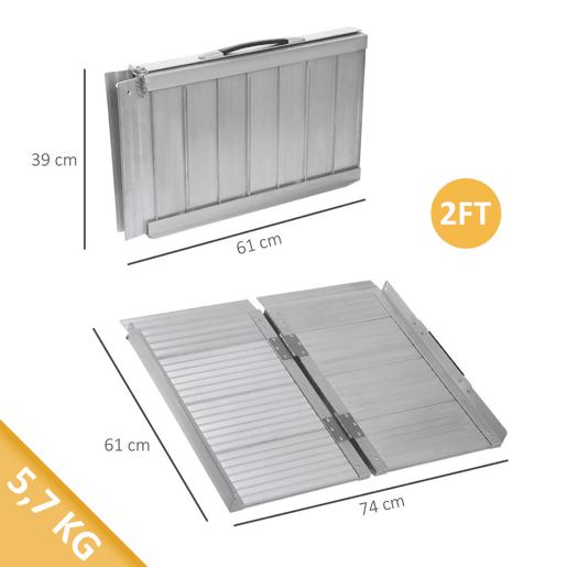 HOMCOM Rampa Dobrável para Cadeiras de Rodas 61 cm Carga 270 kg Antiderrapante com Bordas de Segurança e Alça para Escadas e Portas Acessibilidade para Deficientes Prata
