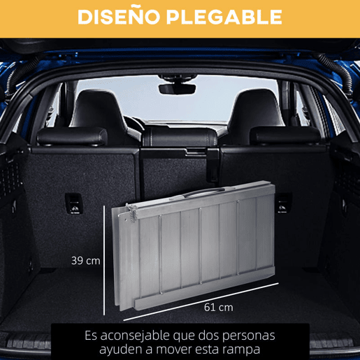 HOMCOM Rampa Dobrável para Cadeiras de Rodas 61 cm Carga 270 kg Antiderrapante com Bordas de Segurança e Alça para Escadas e Portas Acessibilidade para Deficientes Prata
