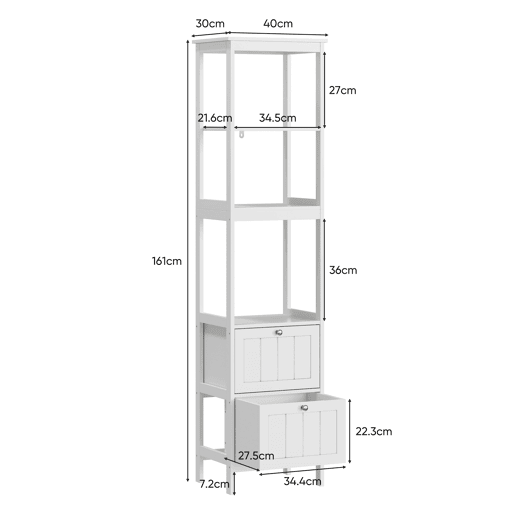 Armário alto para casa de banho 40x30x160 cm - 2 gavetas, 3 prateleiras, independente - branco