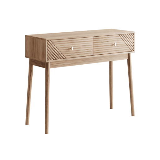 Secretária  Consola - Estilo Mid-Century, com Gavetas e Prateleiras Abertas - Carvalho