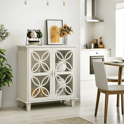 Armário de casa de banho com 2 portas - prateleiras ajustáveis, portas em vidro temperado, estilo retro - creme