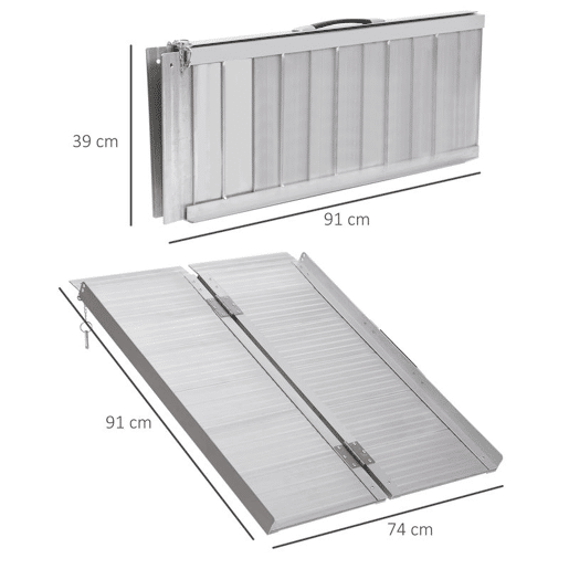 HOMCOM Rampa Dobrável para Cadeiras de Rodas 91 cm Carga 270 kg Antiderrapante com Bordas de Segurança e Alça para Escadas e Portas Acessibilidade para Deficientes Prata