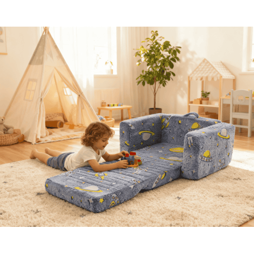 Sofá infantil dobrável - pelúcia macia, confortável, conversível - azul, verde e branco