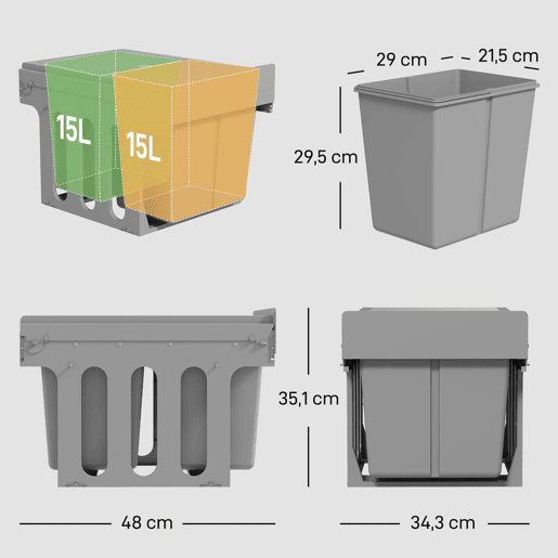 HOMCOM Balde de Lixo Embitido com 2 Recipientes Removíveis para Reciclagem Capacidade Total 30L (15Lx2) Fixação Inferior para Reciclagem e Resíduos 48x34,3x35,1 cm Cinzento Claro