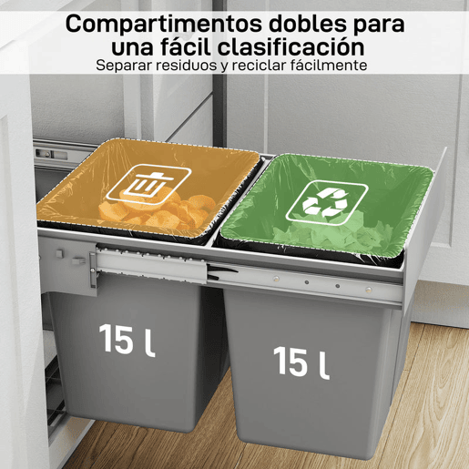 HOMCOM Balde de Lixo Embitido com 2 Recipientes Removíveis para Reciclagem Capacidade Total 30L (15Lx2) Fixação Inferior para Reciclagem e Resíduos 48x34,3x35,1 cm Cinzento Claro