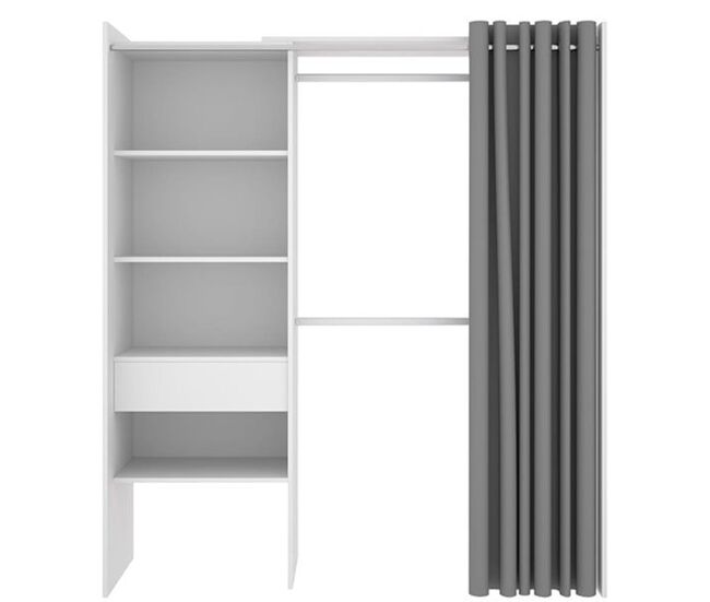 Armario vestidor suit 4 estantes con 2 barras, cortina y cajón blanco 205x160x50 cm